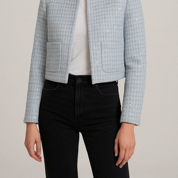 ZARA Light Blue Tweed Sequin Jacket - Picture 2 of 3